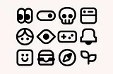 A set of bold icons including a skull, notification bell, and hamburger