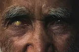 A close-up shot of a Caucasian man with severe cataracts and/or blindness in his right eye. He has a blank expression and has grey eyebrows and facial hair.