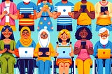 Colourful illustrated collection of people using digital devices.