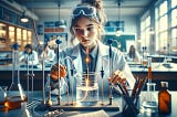 ChatGPT & DALL-E generated panoramic image showcasing a 12-year-old girl engaging in an electrolysis experiment to produce hydrogen in a school chemistry lab