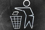 A simple white icon of a person throwing a piece of trash into a trash bin, on a black background.