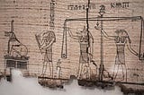 Frayed papyrus in the Egyptian Museum in Cairo. It depicts the ancient Egyptian deities Ammit (‘Devourer of the Dead’), Thoth, Anubis and Horus (from left to right) next to the scales of judgement by which the dead were judged.