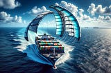 ChatGPT & DALL-E generated panoramic image of a container ship with a parafoil kit tethered to the bow, sailing in the open ocean.