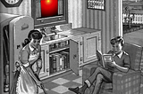 A vintage Readers’ Digest ‘What’s Wrong With This Picture’ puzzle, featuring a subtly distorted domestic scene in which a man sits in an easy chair, reading a newspaper, while a woman in a pinafore vacuums the rug. The window has been altered such that it is filled with the staring red eye of HAL 9000 from Kubrick’s ‘2001: A Space Odyssey.’ The image is rendered in black and white, except for HAL’s eye. It blinks erratically, switching to a false-color version that is momentarily visible and the