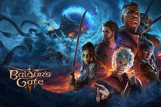 Front cover of the Baldur’s Gate 3 game with a group of fantasy characters, dragons, and a giant tentacled ship.