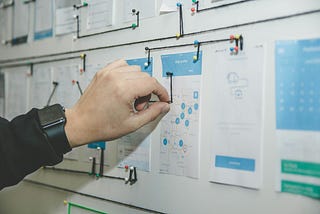 Hand reaching out to adjust the pin on a white board full of interconnected data notes
