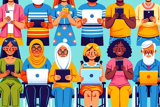 Colourful illustrated collection of people using digital devices.