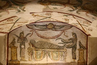Ancient Egyptian fresco of a mummified corpse being attended to by supernatural deities.
