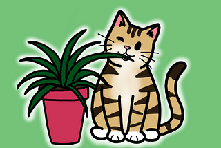 Cartoon of a tabby cat chewing on a plant