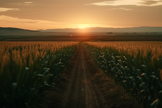 an AI generate image of a field with a dirt path on it running through the middle. there are crops like corn on the side and you can see mountains and the sun setting in the distance.