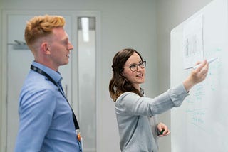 business meeting — people standing — looking at a whiteboard