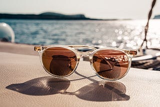 A pair of sunglasses on a table with water in the background