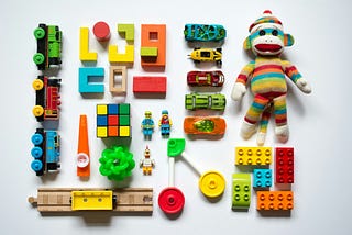 Colorful toys grouped and organized.