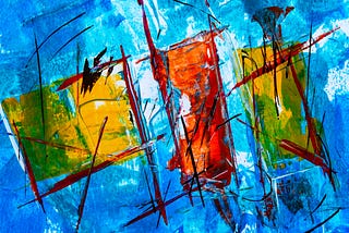 abstract art of green and orange squares against a blue background