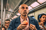 A man eating a peach on a bus.