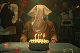 A guy in a hood sits behind a candle-lit birthday cake