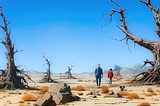 A mna, a boy and a dog walking across a fantastical desert landscape.