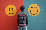 A man standing in front of a wall with a happy face and a sad face painted on the wall