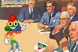 A collection of 1950s white, suited boardroom executives seated around a table, staring at its center. The original has been altered. In the center of the table stands a stylized stick figure cartoon mascot whose head is a poop emoji rendered in the colors of the Google logo. The various memos on the boardroom table repeat this poop Google image. On the wall behind the executives is the original Google logo in an ornate gilt frame.