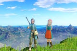 Dragon Quest XI’s protagonist and his friend Gemma stand on a cliff.