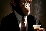 Chimpanzee in a tie, holding a plastic cup with steaming coffee