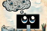 IMAGE: An illustration of a computer personified as daydreaming at a desk, capturing the whimsical idea of a computer engaging in human-like thought, complete with thought bubbles containing abstract symbols related to a generative algorithm’s process