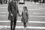 A man with dark glasses and a walking cane is being led over a road by a young girl.