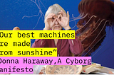 A white woman (Donna Haraway) holding her hands to her eyes, with an octopus floating past, and some text overlaid that says, “Our best machines are made from sunshine”