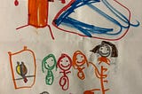 A child’s drawing of ten small, smiling people in a group and one large person with a yellow rectangle on the side of her head