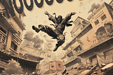 A comic-book style image of a ninja flying through the air delivering a huge kick, the words “noooooo” superimposed above.