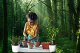Woman repotting plants in a forest.