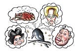 Cartoon illustration by Mark Armstrong. An old crow is dozing on a tree branch, leaves blowing by in the wind. He’s dreaming about the time he was an extra in Alfred Hitchcock’s “The Birds.” There are four dream balloons. Three have caricatures of Suzanne Pleshette, Tippi Hedren, and Alfred Hitchcock, respectively. The fourth shows roadkill in the form of a dead raccoon.