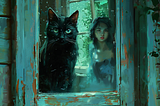 A black cat staring out a window, protecting a beautiful girl inside the house