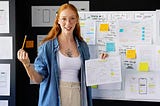 A photo of a young woman holding a page of diagrams and standing in front of a whiteboard covered with drawings and sticky notes.