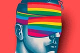 illustration of guy with rainbow-striped bandages over his eyes. detail from the book cover of GAY SHAME