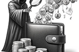 Black and white pencil sketch depicting a sinister figure examining cryptocurrency addresses with a magnifying glass beside an overflowing wallet, highlighting the concept of address poisoning.