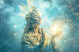 A seventh dimension Pleiadian Goddess of all power and knowing wearing a golden jeweled crown commanding her power and Light into the blue, gold and white ethers.