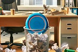 A frisbee has been thrown into a waste basket in an office setting.