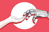 Photo of human hand and a robotic hand with red background having circle in the center.