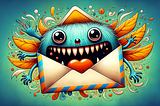An illustration of an email envelope monster. This design features an envelope-shaped body that floats, with a lively expression and sharp teeth!
