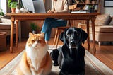 AI image created in Bing, of a cat, dog and lady in the background