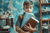 A boy holding some books while a TV sits ignored in the background