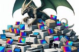 A dragon hoarding a pile of printers and laptops
