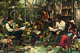 A bunch of variously colored people sitting in a greenhouse slash library reading and writing.