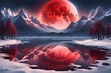 A Blood Moon rises over a half-frozen lake between the snow-capped mountain peaks. Trees with crimson leaves rest by the water’s edge.