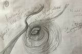 Pencil drawing and notes scribbled on a piece of white paper. Central image is an eye in the middle of a spiral.