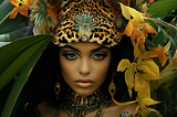 A beautiful Black woman in a multi-colored animal print headdress of flowers and plants.
