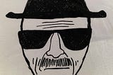 black & white sketch of the Heisenberg character from Breaking Bad, a man with a mustache, sunglasses, and black hat