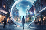 A woman seen from behind, walking downt the street inside of a big bubble which distorts the view of the city around her.