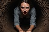 A woman crouches in a dark hole